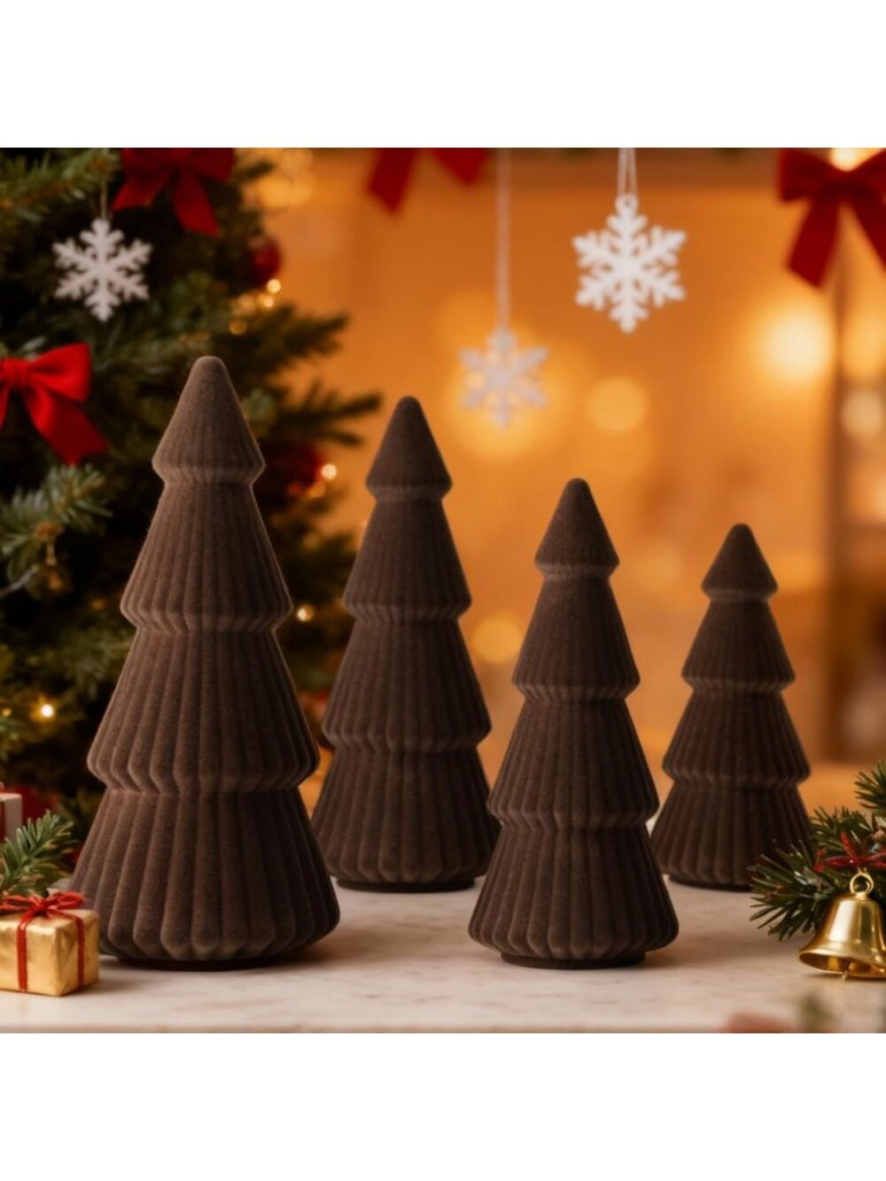 🎄4Pcs 6" 8" 10"Brown Christmas Velvet Tree Figurine Decoration Xmas Tree Set